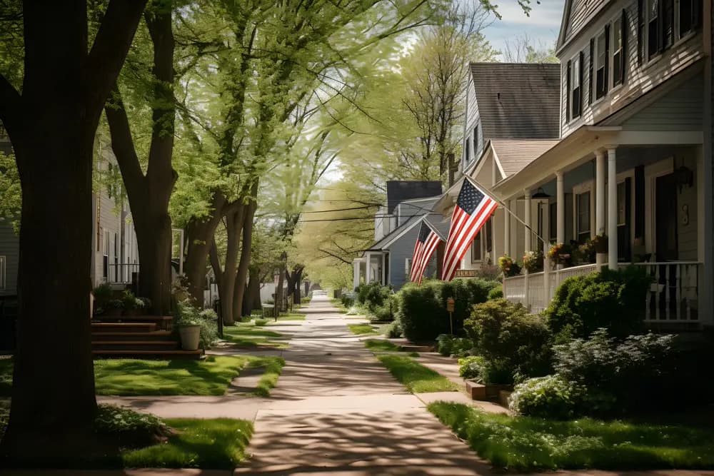 A quiet tree-lined street with front porches